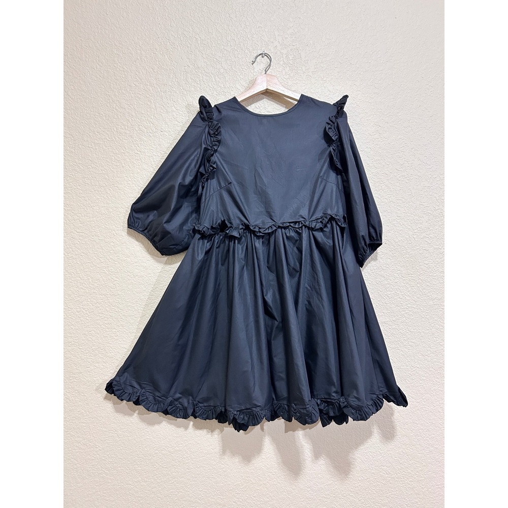 En Saison Small Black Ruffle Puff Sleeve Babydoll Mini Dress Open Tie Back Goth